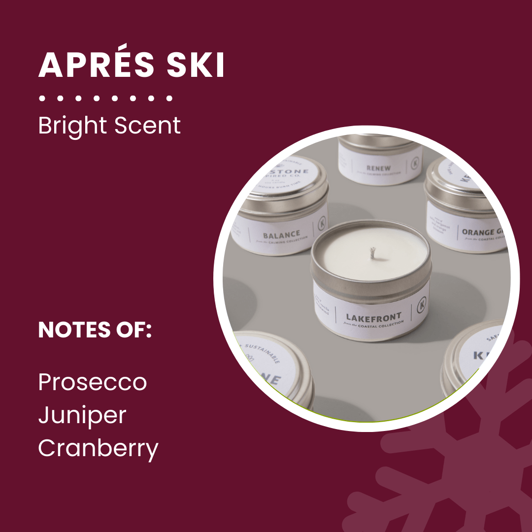 Candle with 'Après Ski' branding and product details on a red background