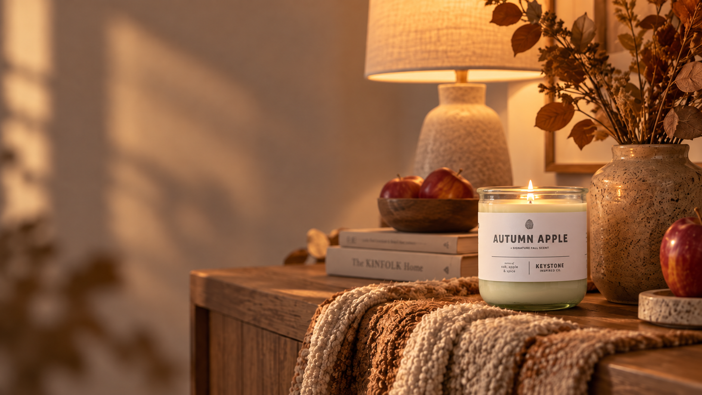 A lit apple scented candle in a clear glass jar sits on a wooden table beside stacked books, a lamp, dried branches, and a knitted throw blanket in a warm autumn-style interior.