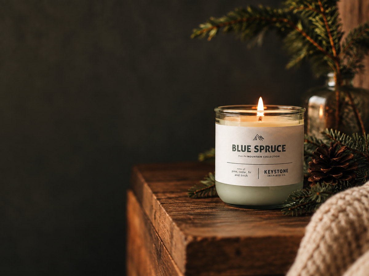 A lit candle in a clear glass jar sits on a rustic wooden surface, surrounded by evergreen branches, a pinecone, and a knitted textile against a dark background. The label reads BLUE SPRUCE and KEYSTONE.