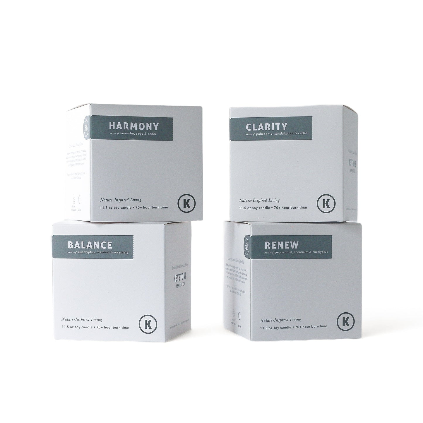 Four boxes labeled 'Harmony', 'Clarity', 'Balance', and 'Renew' on a white background.