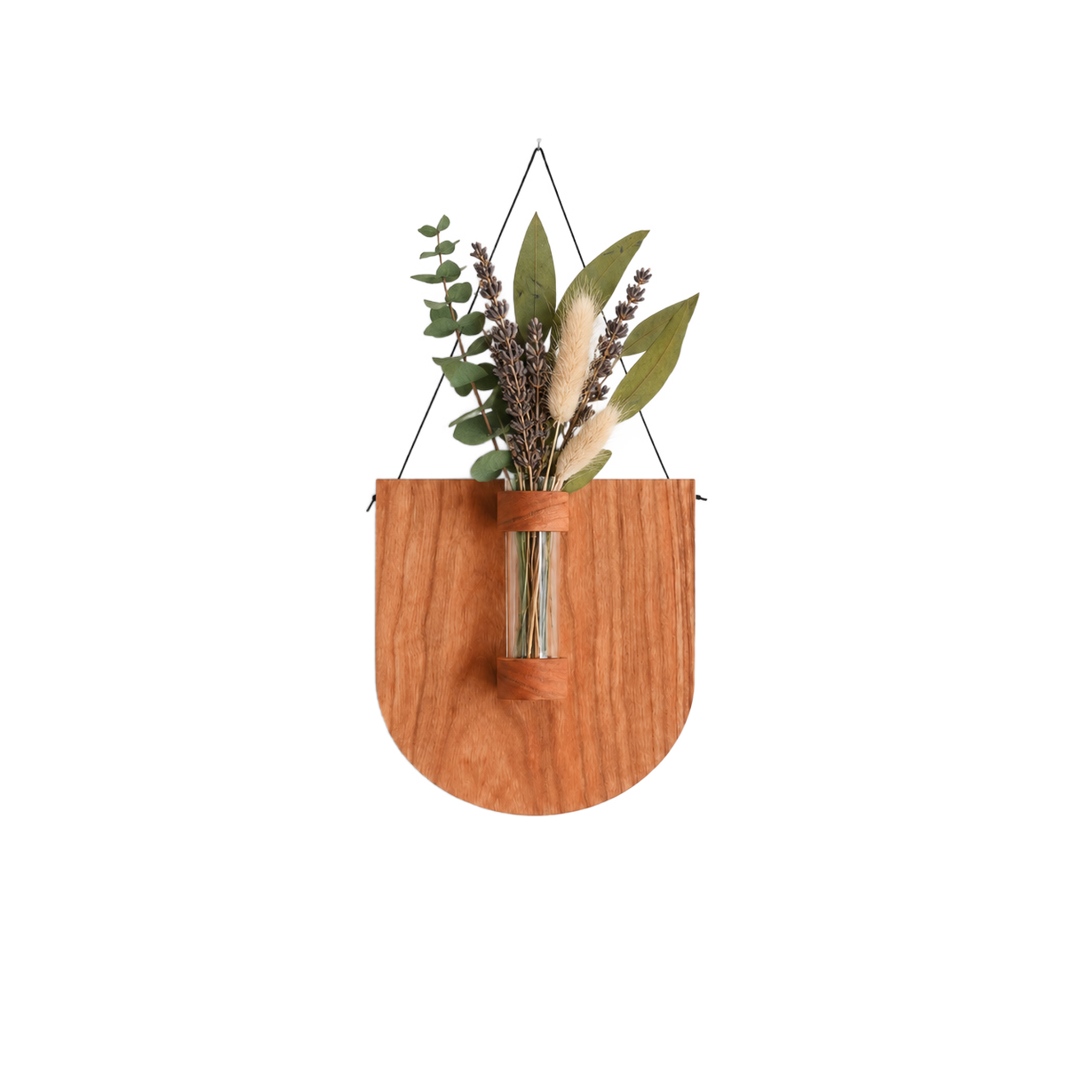 A wooden wall-mounted hanging planter with a semicircular backplate, a clear glass vase, and dried flowers and greenery, suspended by a black wire against a white background.