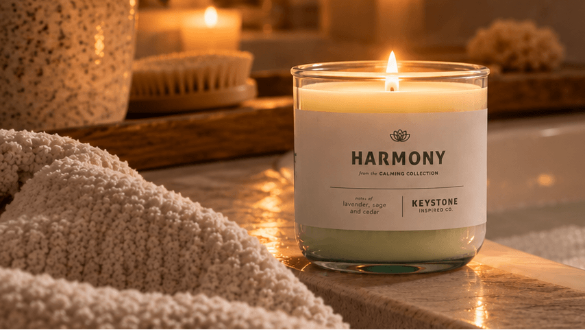 A lit candle labeled HARMONY sits on the edge of a bubbling bathtub in a warm, spa-like bathroom scene with candles, towels, and a faucet running in the background.