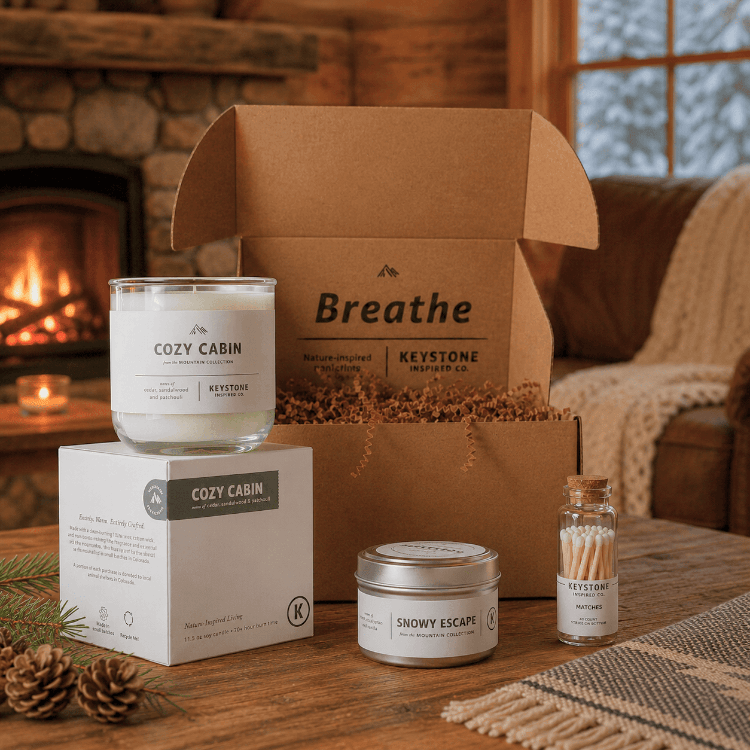 Candle and related products with 'Breathe' packaging in a cozy indoor setting.