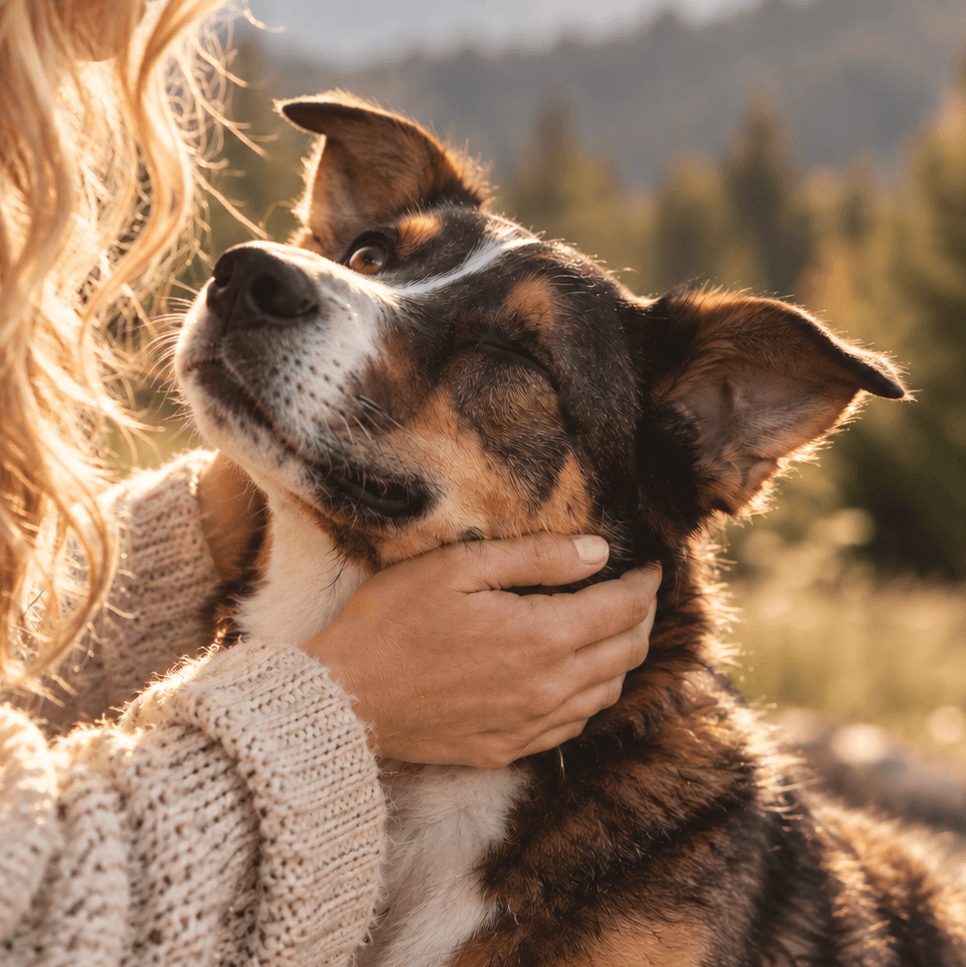 A woman in a cream knit sweater gently holds a tricolor dog outdoors in warm golden hour light, with blurred trees and hills in the background.